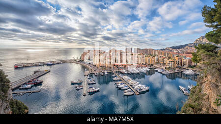 Aerial panorama of Fontvieille district and harbor in Monaco Stock Photo