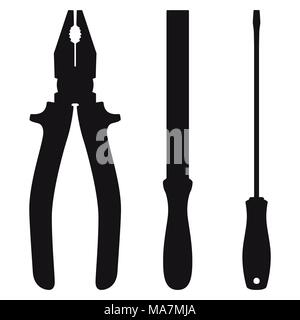 Set of icon tools black color for carpentry service, repair service, isolated on white background. Rasp silhouette. Pliers silhouette. Screwdriver sil Stock Vector