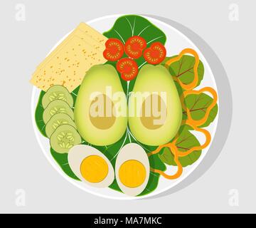 White plate with sliced vegetables, boiled egg and cheese. Tomatoes, cucumbers, peppers, avocado. Health food, vegetarian products. Vector illustratio Stock Vector