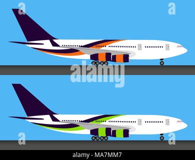 Two light big passenger airplanes standing on ground in profile, isolated, set Stock Vector
