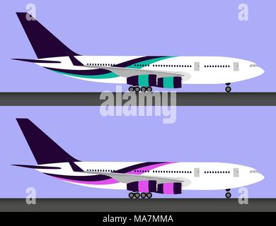 Two light big passenger airplanes standing on ground in profile, isolated, set Stock Vector