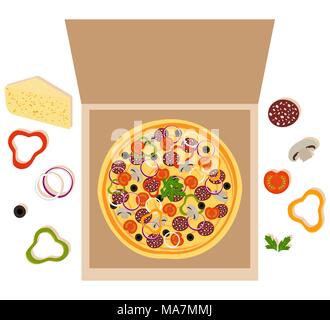 Pizza in open box. Pizza with cheese, salami, tomato, mushrooms, black olives, sweet pepper, greens, onion and sauce. Separately ingredients isolated  Stock Vector