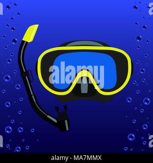 scuba mask and snorkel against a background of blue water with bubbles vector illustration Stock Vector