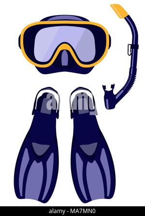 scuba mask and snorkel, diving flippers isolated on white background, vector illustration Stock Vector