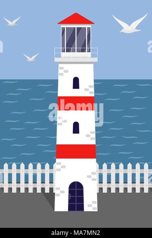 Beautiful white and red lighthouse on the sea shore, seagulls, earth, white fence. Vector illustration in flat style Stock Vector