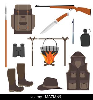 Hunting icon set, isolated. Hunting equipment in flat style, vector illustration. Hunting backpack, boots, knife, gun, flask, safety vest with pockets Stock Vector