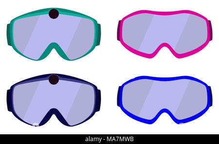 Set of classic ski and snowboard glasses with colored rims. Goggles with integrated action camera. Vector illustration in flat style isolated on white Stock Vector