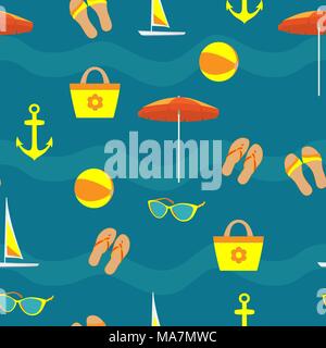 Summer vacation accessories in flat style on blue background, seamless pattern. Slippers, sun glasses, sun umbrella, inflatable ball, beach bag, ancho Stock Vector