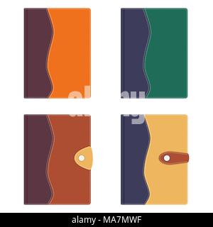 Collection of stylish leather diaries covers, stitched with white thread, with stylish buckles. Vector illustration in flat style, isolated on white b Stock Vector