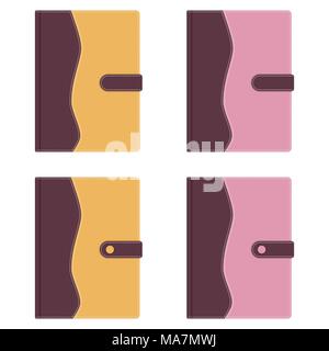 Collection of stylish leather diaries covers, stitched with white thread, with stylish buckles. Vector illustration in flat style, isolated on white b Stock Vector