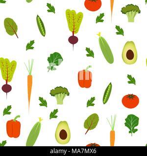 Vegetable seamless pattern. Avocado, cucumber, sweet pepper, tomato, peas, carrots, beets, broccoli. For printing wallpaper wrapping web page backgrou Stock Vector