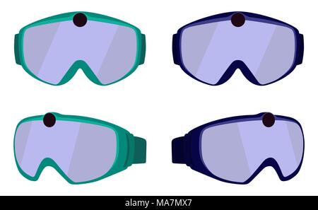 Set of classic ski and snowboard glasses with colored rims. Goggles with integrated action camera. Vector illustration in flat style isolated on white Stock Vector