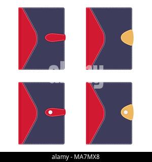 Collection of stylish leather diaries covers, stitched with white thread, with stylish buckles. Vector illustration in flat style, isolated on white b Stock Vector