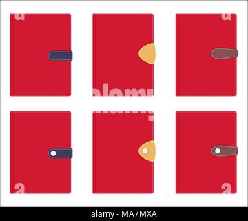 Collection of stylish leather diaries covers, stitched with white thread, with stylish buckles. Vector illustration in flat style, isolated on white b Stock Vector