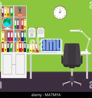 The home workplace of the businessman Desk, laptop, filing Cabinet, Desk lamp, chair, wall clock, a globe. Vector illustration in flat style Stock Vector