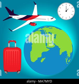 Travel around the World concept. The plane is flying around the world, red suitcase, clock. Travel and Tourism. Flat design modern concept Stock Vector