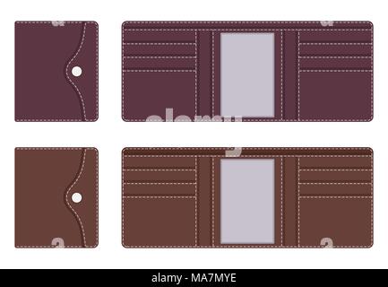 Leather purse in open and closed form with pockets for documents and credit cards, with contrasting lines along the contour on the clasp. Vector illus Stock Vector