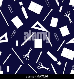 Back to school seamless pattern with hand drawn school supplies, books and stationery. Line, polygon, scissor, notebook, pen, pencil, marker, eraser,  Stock Vector