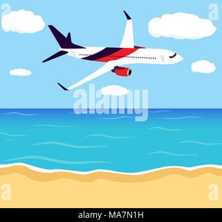 Big passenger airplane in half-profile, flying in the sky above the seashore. Travel, tourism, summer vacation background, poster. Vector illustration Stock Vector
