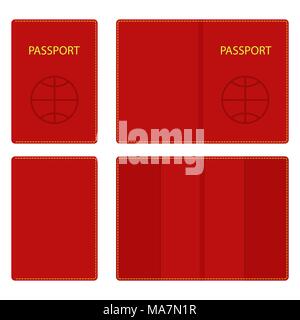 Dark red leather passport cover, open and closed, with yellow stitching along the contour Stock Vector