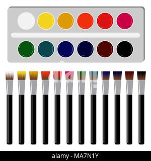 Watercolors and paintbrush. Back to school vector illustration on white background. 12 colors of paints. 12 brush dipped in paint Stock Vector