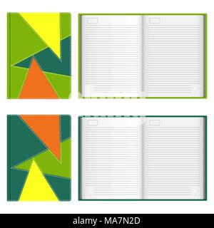 Collection of stylish leather diaries covers, stitched with white thread, open and closed. Vector illustration in flat style, isolated on white backgr Stock Vector