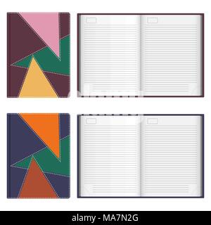 Collection of stylish leather diaries covers, stitched with white thread, open and closed. Vector illustration in flat style, isolated on white backgr Stock Vector