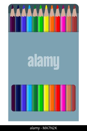 Colored pencils in a paper box. Pencils in package, 12 colors. Realistic vector illustration Stock Vector