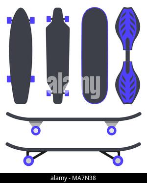 Skateboard types, set. Different skateboards in the same colours. Skateboards top view and side view. Vector illustration in flat style, isolated on w Stock Vector