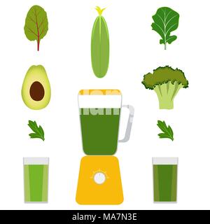 Blender, vegetables and vegetable juices. Avocado, cucumber, broccoli, herbs. Glasses with green juice Vector illustration isolated Stock Vector