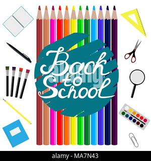 Back to school design. Set of School supplies with Back to school hand drawn lettering. Line, polygon, scissor, notebook, pen, pencil, eraser, brush,  Stock Vector