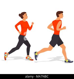 Running man and woman. Cartoon jogging couple, isolated on white. Vector illustration Stock Vector