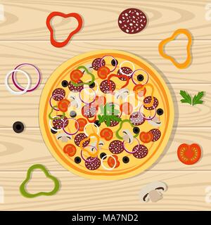 Pizza on wooden surface. Pizza with cheese, salami, tomato, mushrooms, black olives, sweet pepper, greens, onion and sauce. Separately ingredients iso Stock Vector