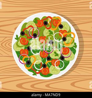 Salad with fresh vegetables in a white plate on wooden surface. Tomatoes, cucumbers, onions, bell peppers, black olives, lettuce, spinach. Vegetarian  Stock Vector