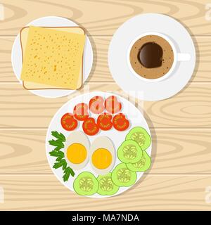 Coffee, toast with cheese, eggs, tomatoes, cucumbers, greens . Breakfast on realistic wooden surface vector illustration Stock Vector
