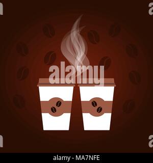 Dark coffee background with two white and brown disposable cups, steam, coffee beans. Vector illustration, concept of advertising for coffee shops, ca Stock Vector