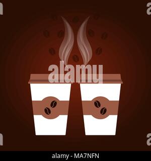 Dark coffee background with two white and brown disposable cups, steam, coffee beans. Vector illustration, concept of advertising for coffee shops, ca Stock Vector