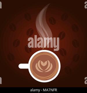 Dark coffee background with white cap, steam, coffee beans, the drawing on the foam. Vector illustration, concept of advertising for coffee shops, caf Stock Vector