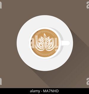 Cup of Coffee and saucer, top view, realistic vector illustration. Cappuccino with drawing on foam surface Stock Vector