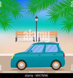 Cute little car on the beach road, branches of palm trees, benches, street lamp. Vector illustration Stock Vector