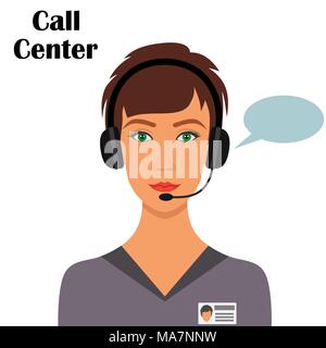 Woman in headphones with microphone and badge. Operator of call center office at work. Vector flat illustration Stock Vector