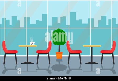 Cozy cafe interior with tables and chairs near large window, urban landscape outside the window. Cup off coffee on table. Vector illustration in flat  Stock Vector
