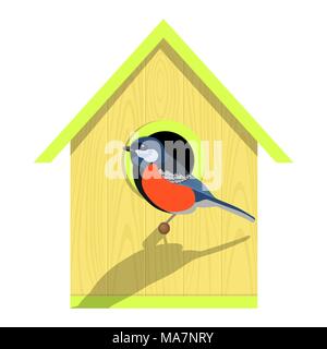 Cute colorful bird sits on a wooden birdhouse isolated on a white background. Vector illustration Stock Vector
