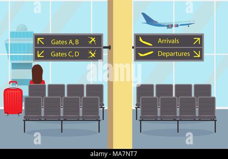 Waiting room at the airport seat, a woman passenger with a suitcase, information signs. Plane taking off and control tower outside the window. Cute ve Stock Vector