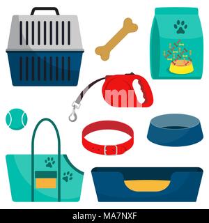 Pet care accessory, set. Pet carrier, collar, bone, bowl, food, ball a deckchair Flat style vector illustration isolated Stock Vector