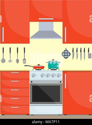 Modern stylish kitchen interior. Kitchen utensils and appliances, furniture, gas stove. Pan and frying pan on the stove. Vector illustration in flat s Stock Vector