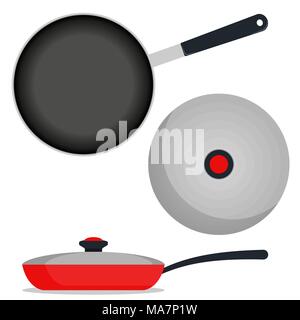 Frying pan with lid, top view and side view. Vector illustration Stock Vector
