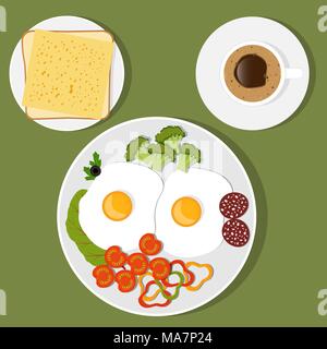 Traditional Breakfast. Scrambled eggs with vegetables and sausage, toast with cheese and coffee. Vector illustration in flat style Stock Vector