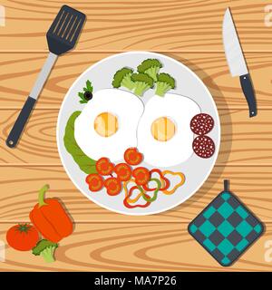 Traditional Breakfast. Scrambled eggs with vegetables and sausage on white plate. Vector illustration in flat style Stock Vector