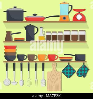 Kitchen utensils and crockery on the shelves, set. Pots, pans, blender, scales, kettle, cups, plates potholders boards Vector illustration in flat sty Stock Vector